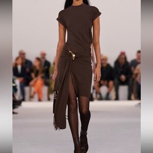 NWT Ferragamo chocolate brown embellished draped mini dress IT38